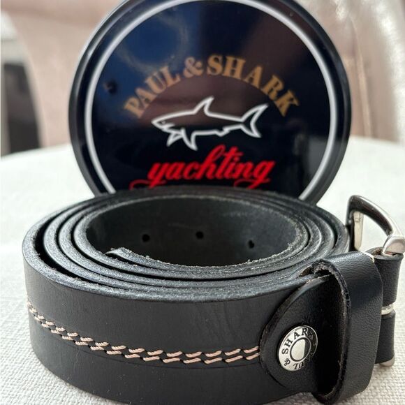 Paul & Shark Yachting Men’s Black Leather Belt Contrast Stitch Italy + Case - Picture 1 of 4